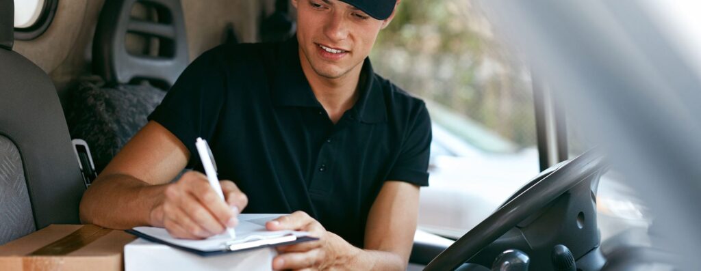 WHG Gloucester Delivery driver signing for parcel